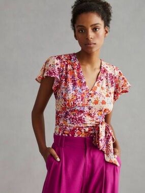 NWT Anthropologie Floral Wrap Tie Blouse Smocked Back Flutter Sleeve Size M